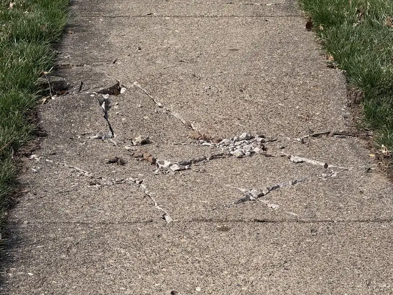 Broken sidewalk panels with loose pieces and weeds